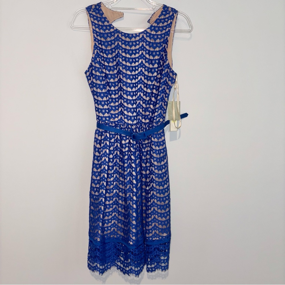 Eliza J lace eyelet belted Patterned Dress blue nude size 6 - Picture 2 of 7